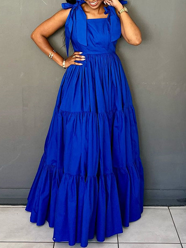 Beautiedoll Solid Tie-Shoulder Ruffle Dress