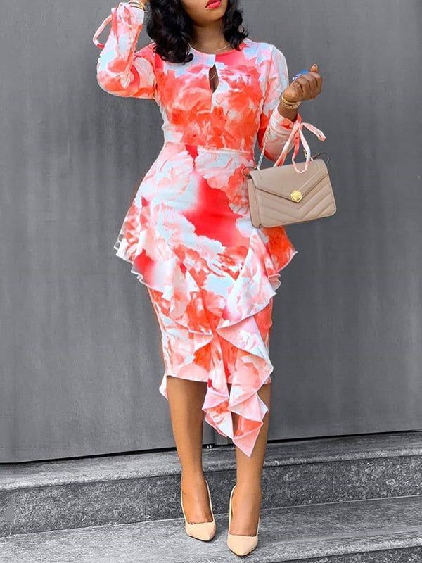 Beautiedoll Printed Ruffle Bodycon Dress