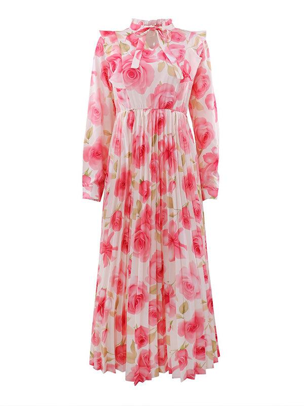 Printed Tied-Neck Pleated Dress