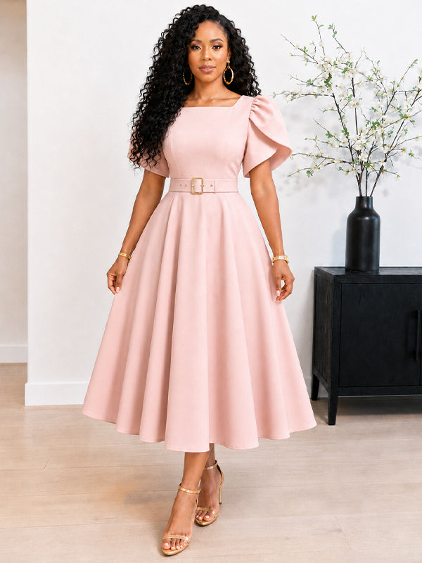Puff-Sleeve Belted Dress