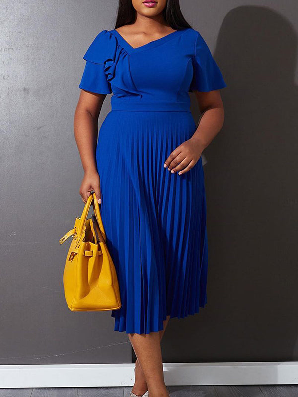 Solid Ruffle Pleated Dress
