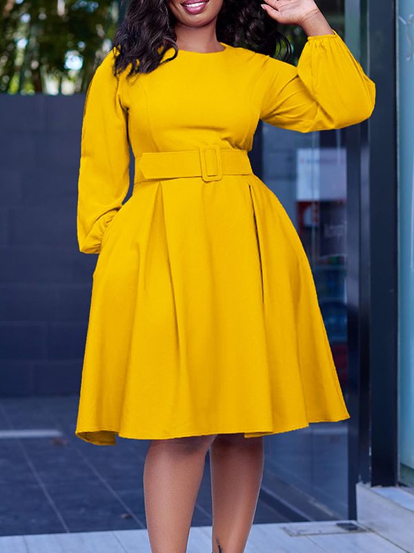 Solid Round-Neck Belted Dress