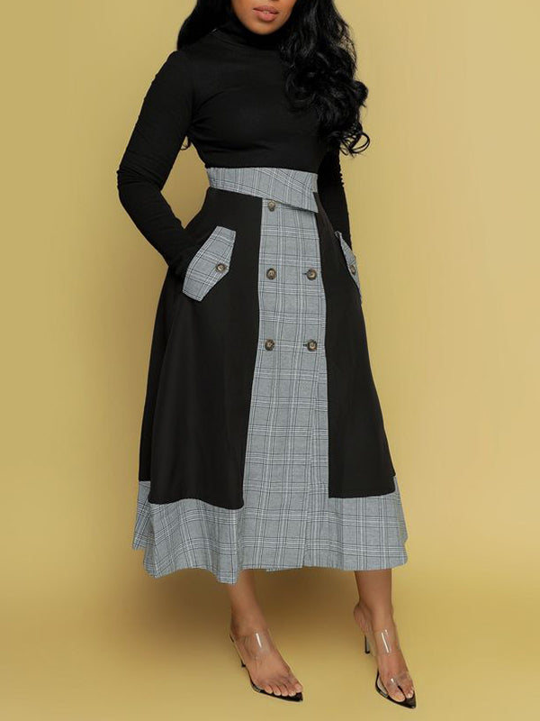 Mock-Neck Tee & Plaid Combo Skirt Set