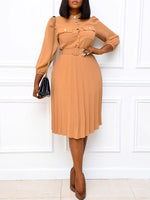 Button-Front Belted Pleated Dress