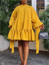 Solid Puff-Sleeve Ruffle Dress