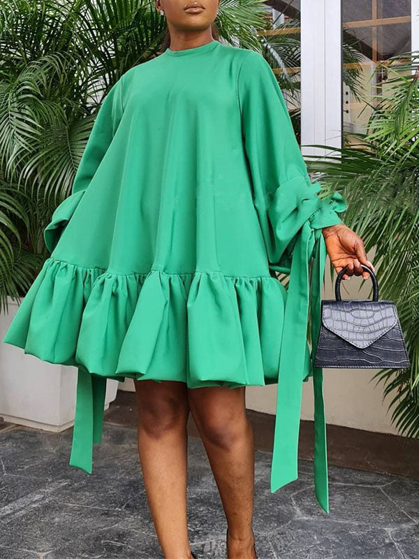 Solid Puff-Sleeve Ruffle Dress