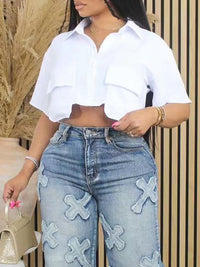 White Cropped Cargo Shirt