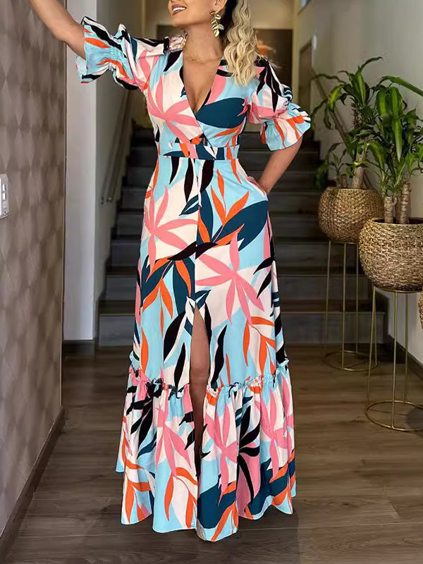 Beautiedoll Printed V-Neck Ruffle Dress