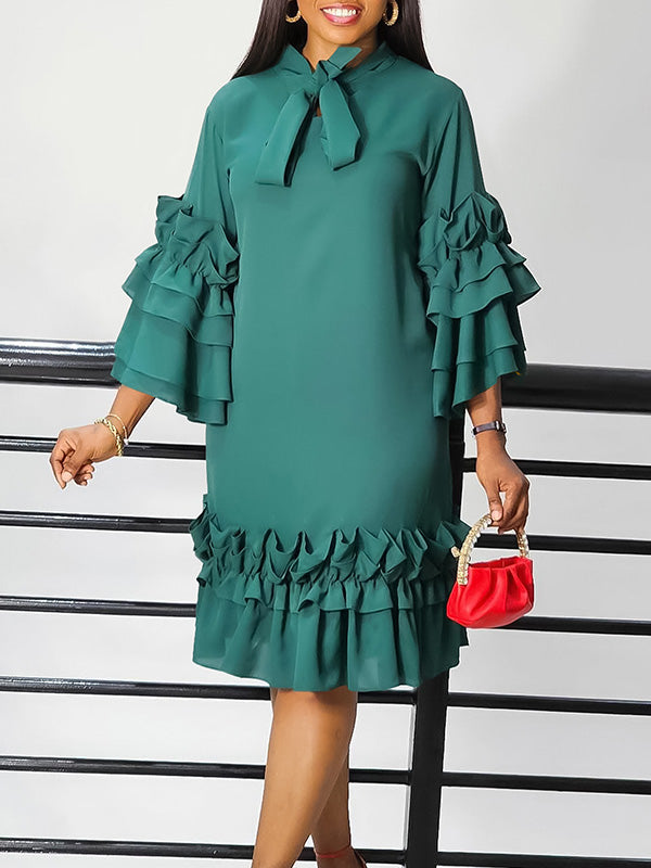 Solid Tied-Neck Frilled Dress