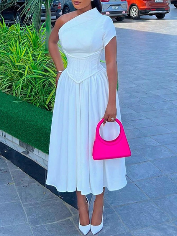 Beautiedoll Solid One-Shoulder Midi Dress