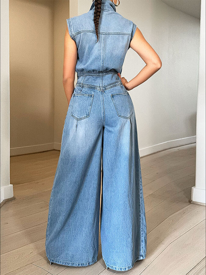 Button-Front Denim Jumpsuit