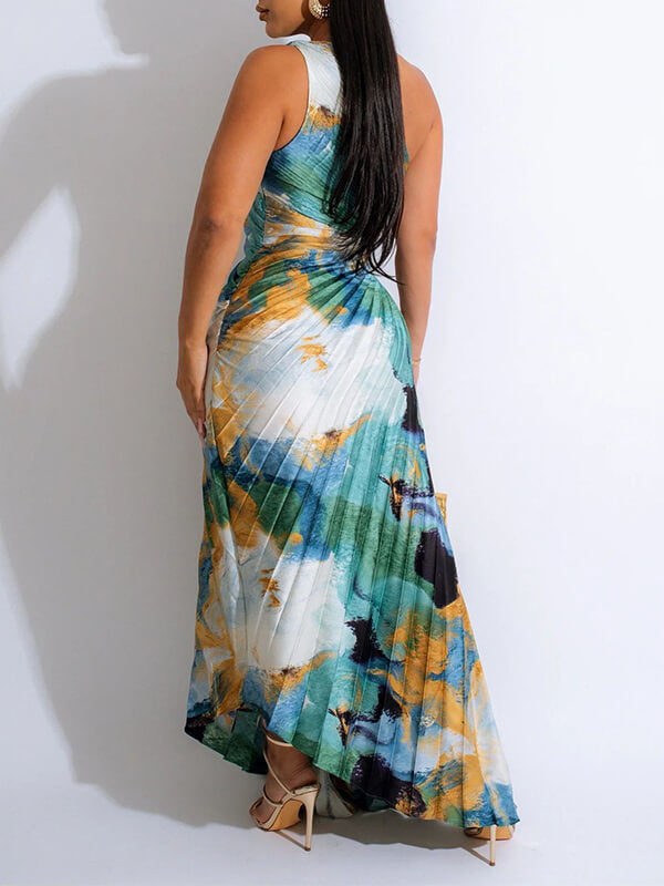Printed One-Shoulder Pleated Dress
