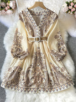 Beautiedoll Printed V-Neck Belted Dress