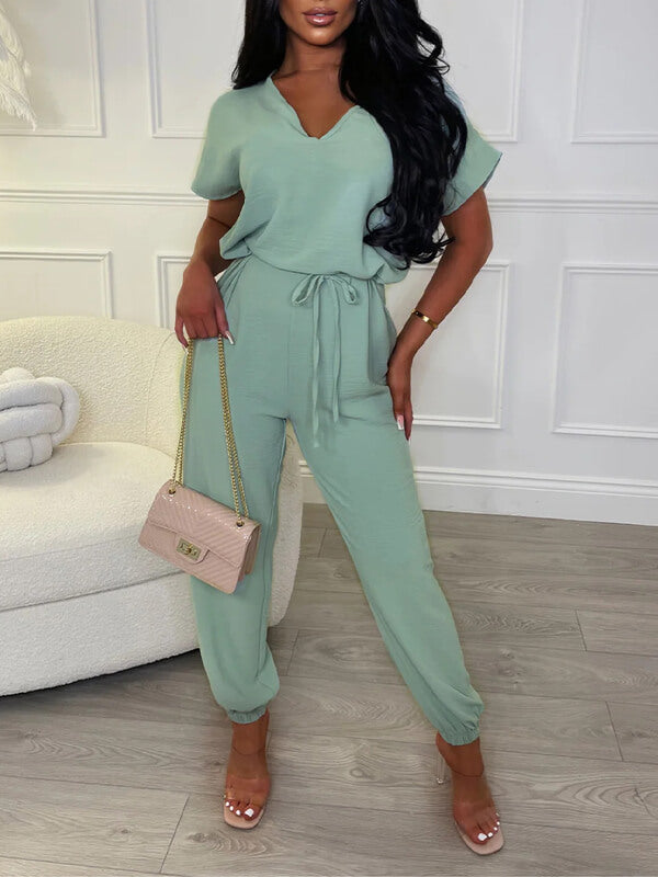 Beautiedoll Solid V-Neck Tied Jumpsuit