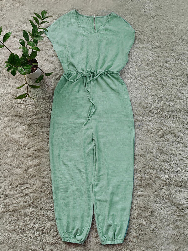 Beautiedoll Solid V-Neck Tied Jumpsuit