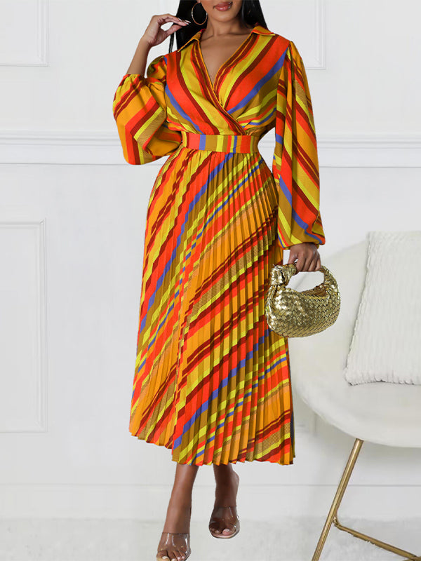 Stripe V-Neck Pleated Dress