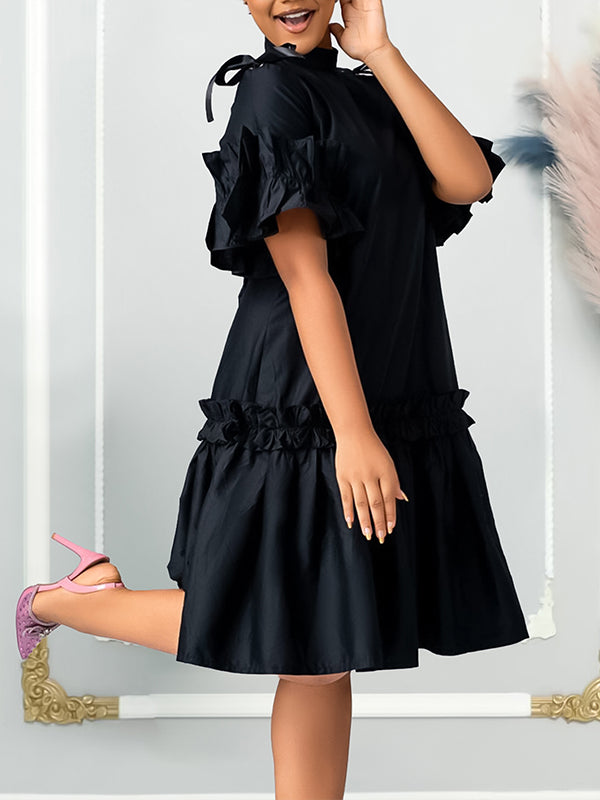 Beautiedoll Solid Mock-Neck Frilled Dress