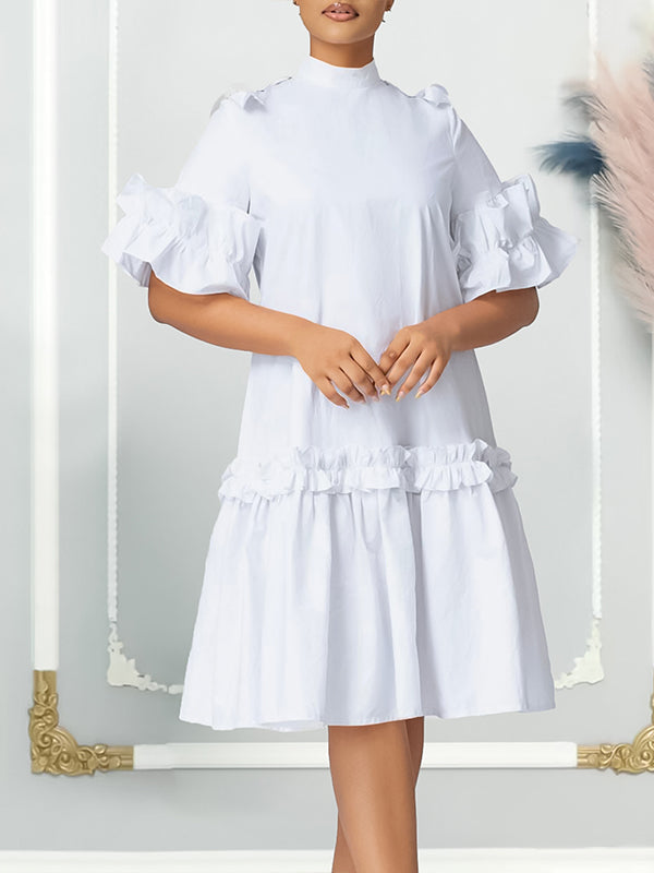 Beautiedoll Solid Mock-Neck Frilled Dress