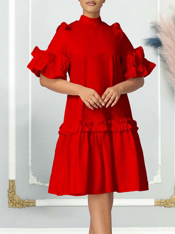 Beautiedoll Solid Mock-Neck Frilled Dress