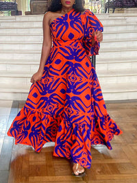 Beautiedoll Printed One-Shoulder Maxi Dress