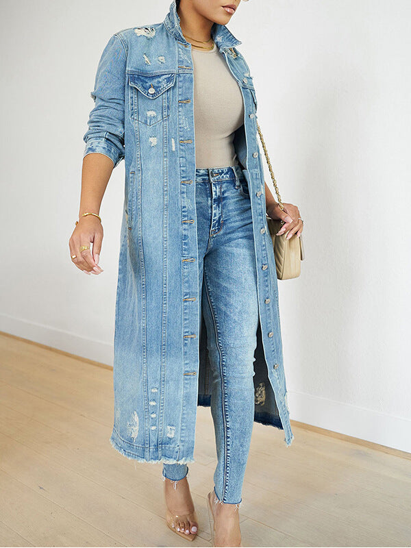 Beautiedoll Distressed Long Denim Jacket