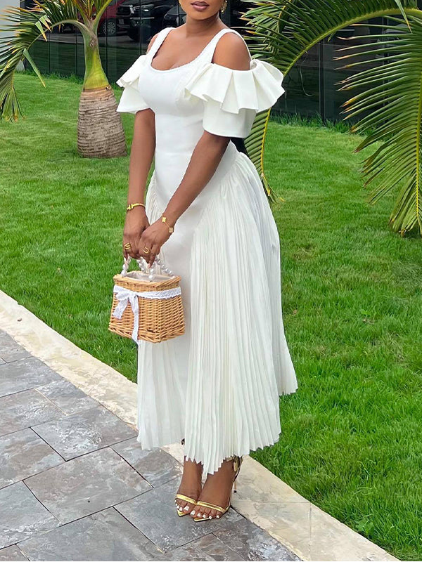 Solid Cold-Shoulder Pleated Dress