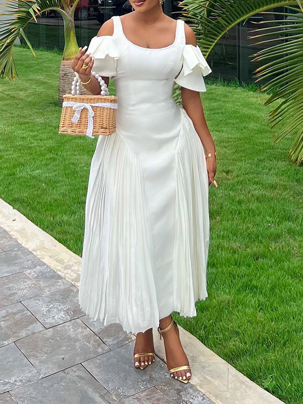 Solid Cold-Shoulder Pleated Dress