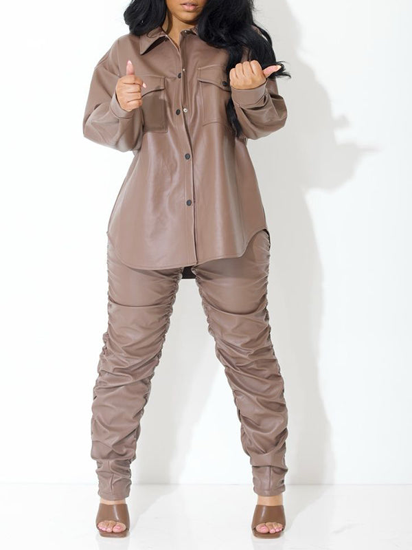 Beautiedoll Faux-Leather Shirt & Ruched Pants Set