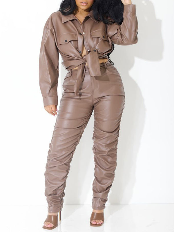 Beautiedoll Faux-Leather Shirt & Ruched Pants Set