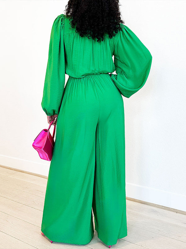 Solid Button-Front Tied Jumpsuit