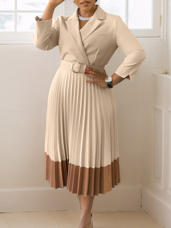 Two-Tone Belted Pleated Dress