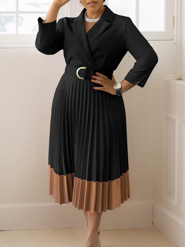 Beautiedoll Two-Tone Belted Pleated Dress