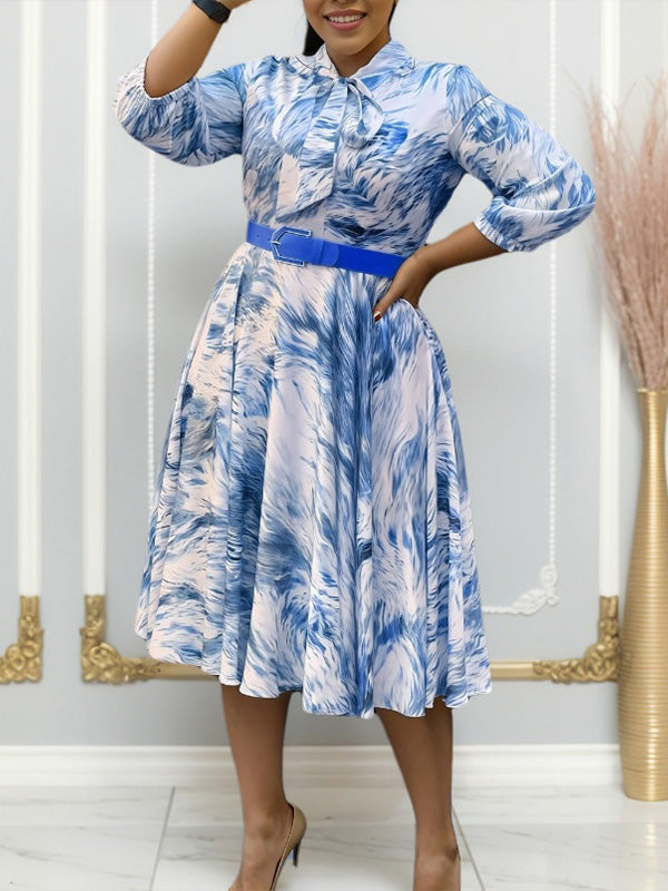 Printed Tied-Neck Belted Dress