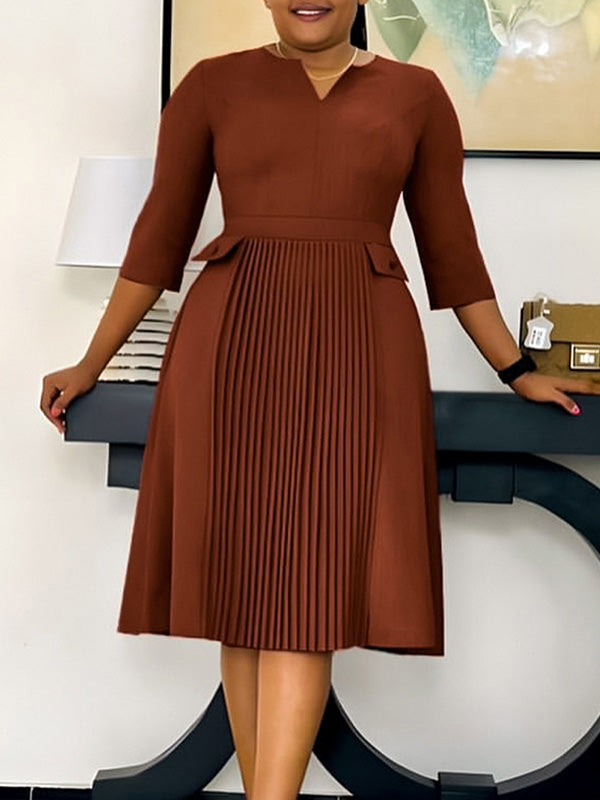 Solid V-Neck Pleated Dress