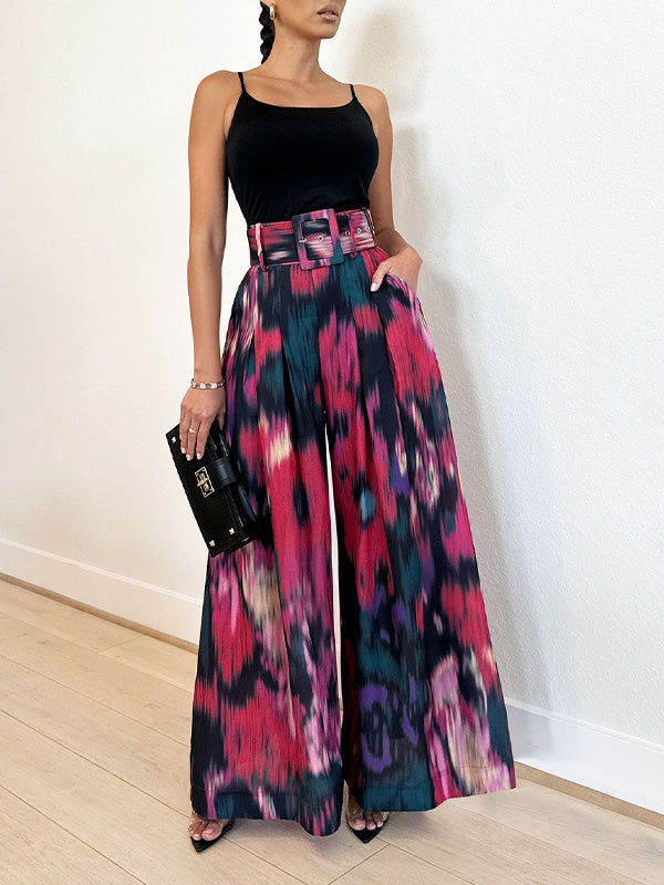 Printed Belted Wide-Leg Pants