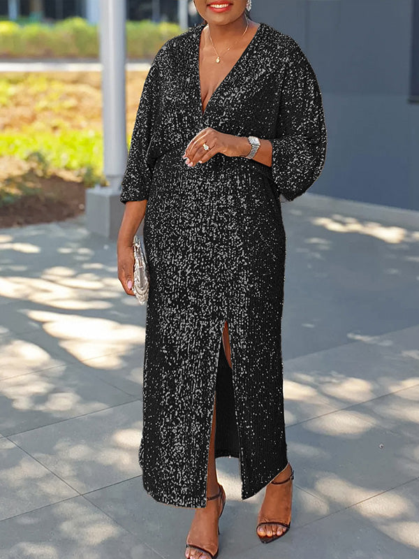 Sequin V-Neck Slit Dress