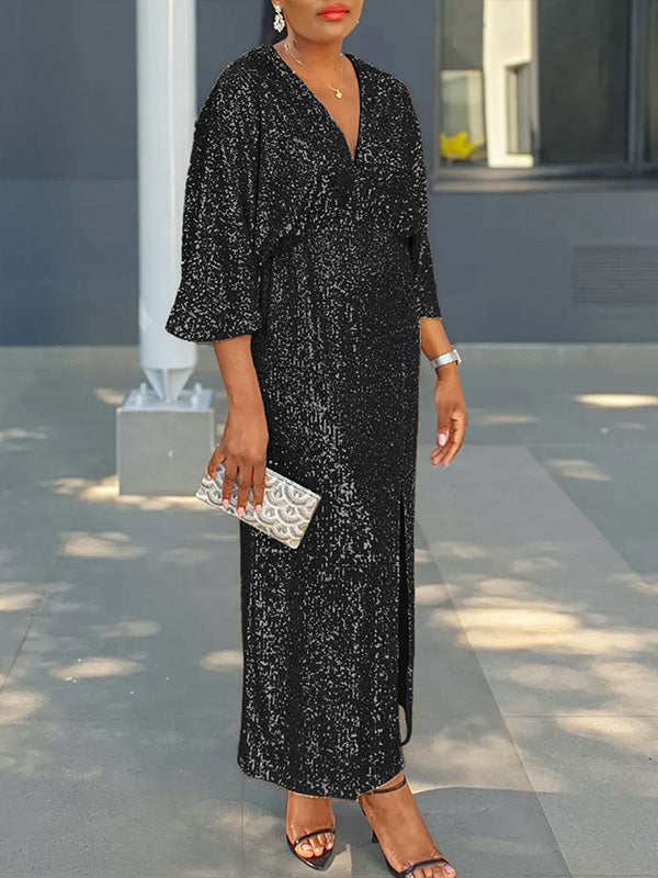 Sequin V-Neck Slit Dress