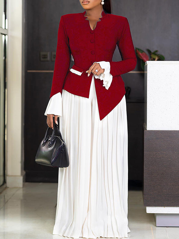 Bell-Sleeve Blazer & Pleated Skirt Set