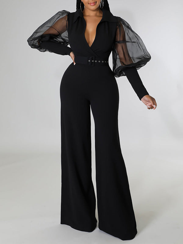 Sheer-Combo Belted Jumpsuit