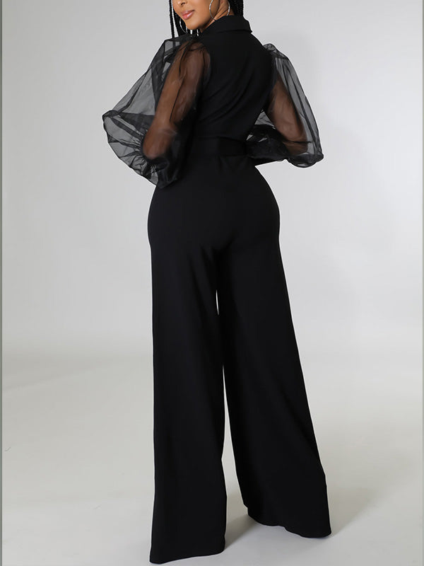 Sheer-Combo Belted Jumpsuit