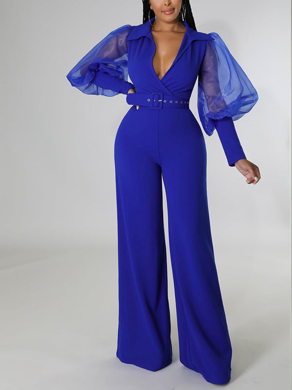 Sheer-Combo Belted Jumpsuit