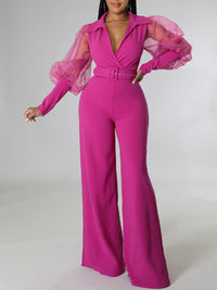 Sheer-Combo Belted Jumpsuit