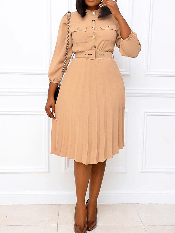 Solid Belted Pleated Dress