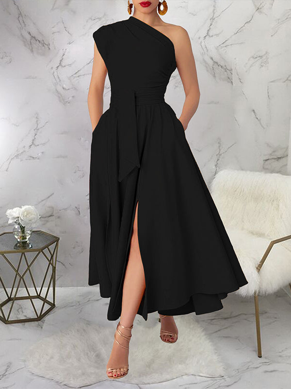 Solid One-Shoulder Tied Dress