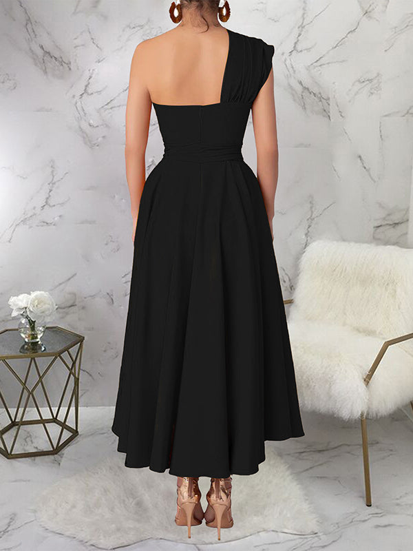 Solid One-Shoulder Tied Dress