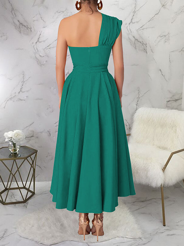 Solid One-Shoulder Tied Dress