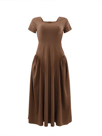 Solid V-Neck Pleated Dress