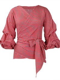 Plaid Puff-Sleeve Tied Blouse