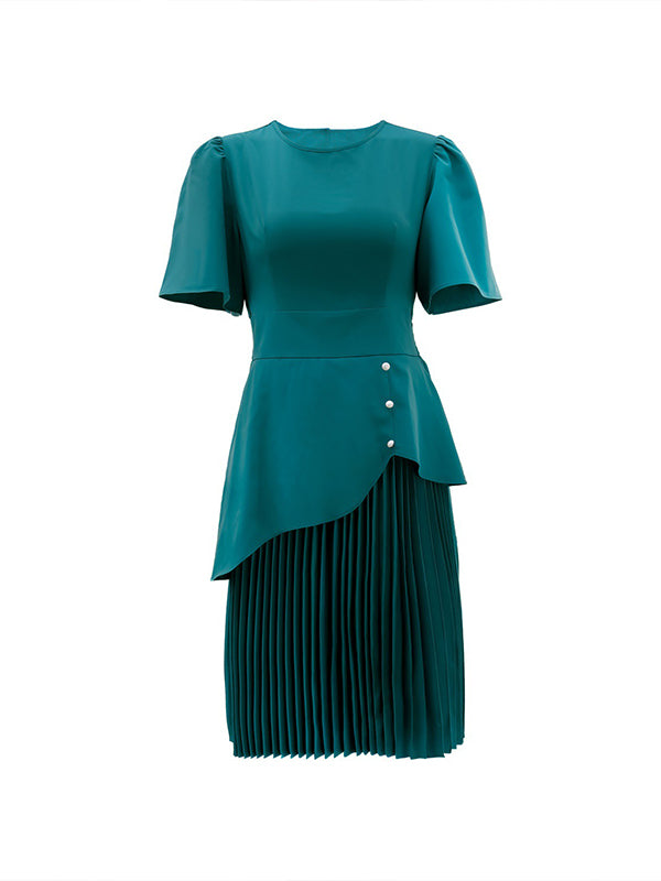 Solid Round-Neck Pleated Dress