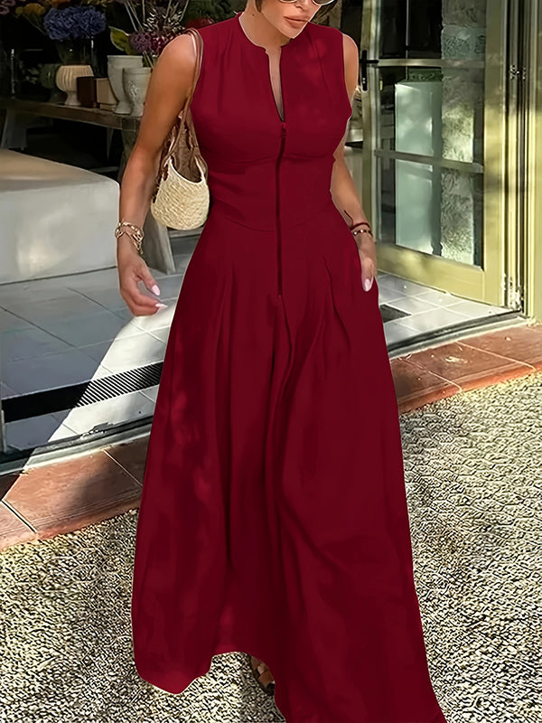 Solid Zip-Front Sleeveless Dress